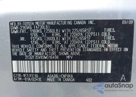 2009 Toyota Rav4 из США, поврежденный, VIN 2T3ZF35VX9W016498